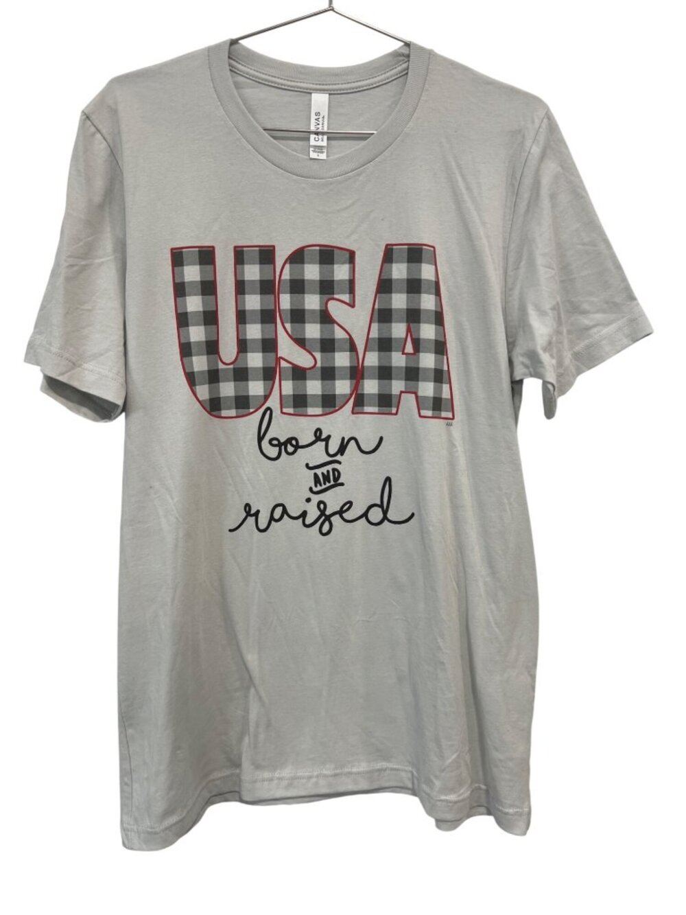 Bella + Canvas Graphic Tee Large USA Born And Raised T-Shirt Plaid Patriotic